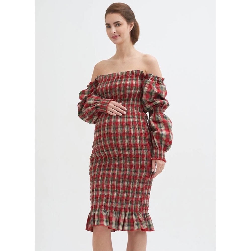 Off-Shoulder Red Plaid Long Sleeve Midi Dress